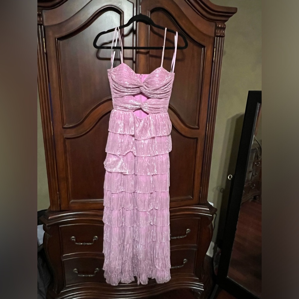 Gianni Bini Pink Tiered Ruffle Midi Dress with Spaghetti Straps